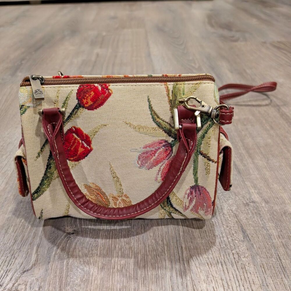 Signare Tapestry Red Tulip Floral Convertible Crossbody Satchel Duffle Mini Bag